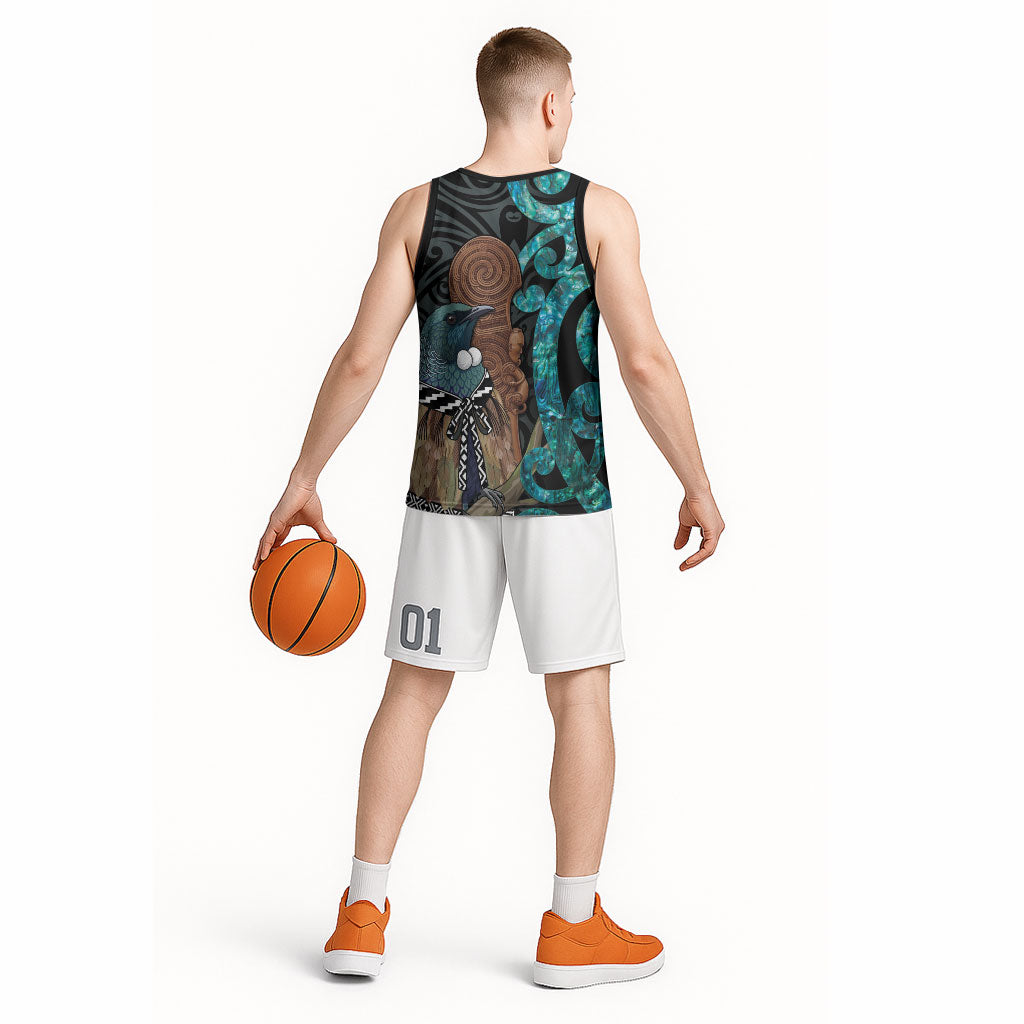 New Zealand Tui Bird Wahaika Basketball Jersey Maori Weapon Paua Shell Koru Pattern LT22 - Polynesian Pride