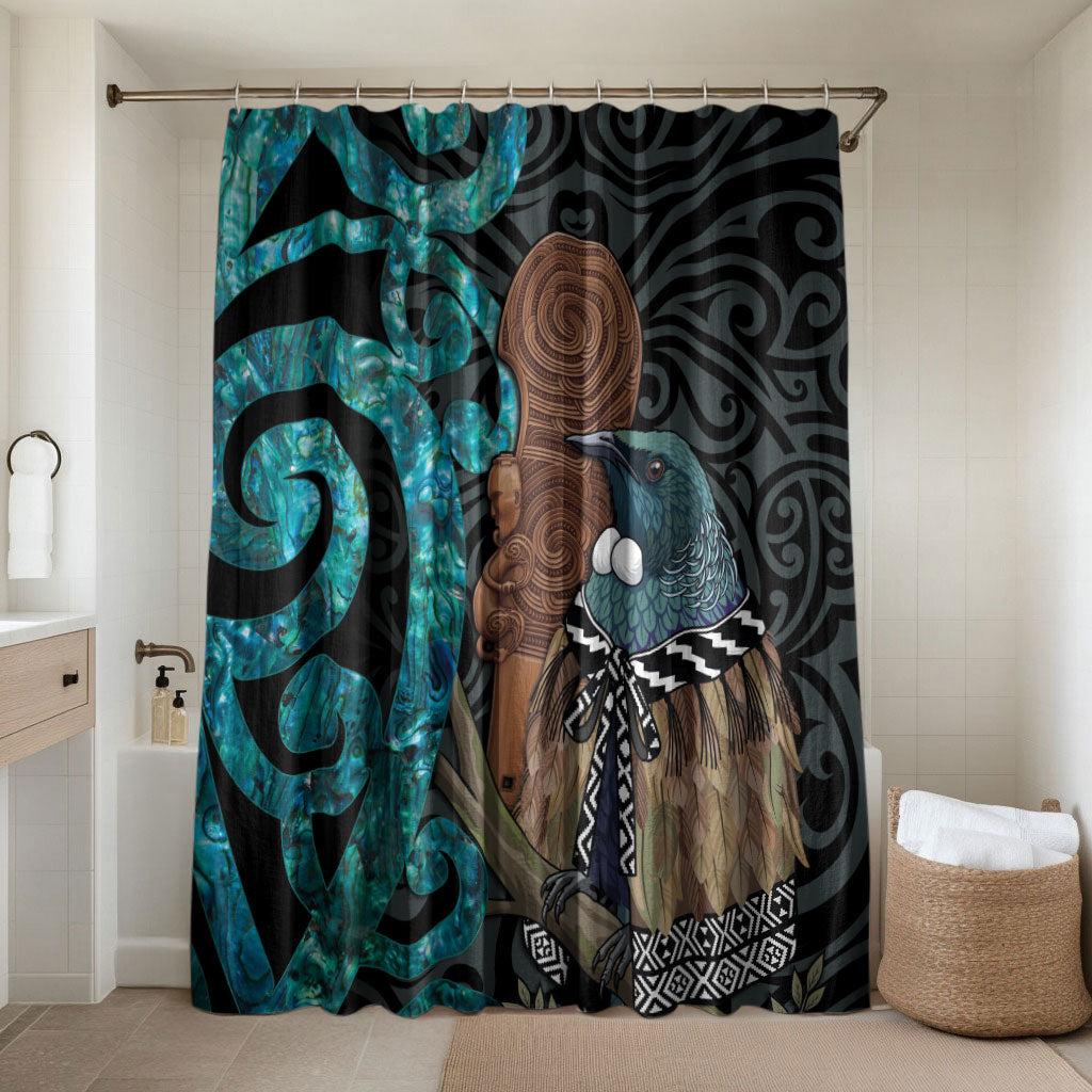 New Zealand Tui Bird Wahaika Bathroom Set Maori Weapon Paua Shell Koru Pattern LT22 Shower Curtain Only Black - Polynesian Pride
