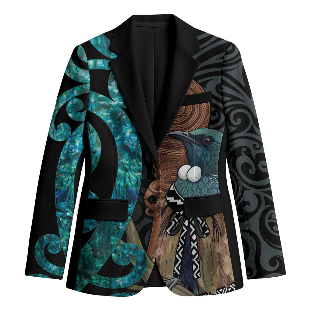New Zealand Tui Bird Wahaika Blazer Maori Weapon Paua Shell Koru Pattern LT22 Unisex Black - Polynesian Pride