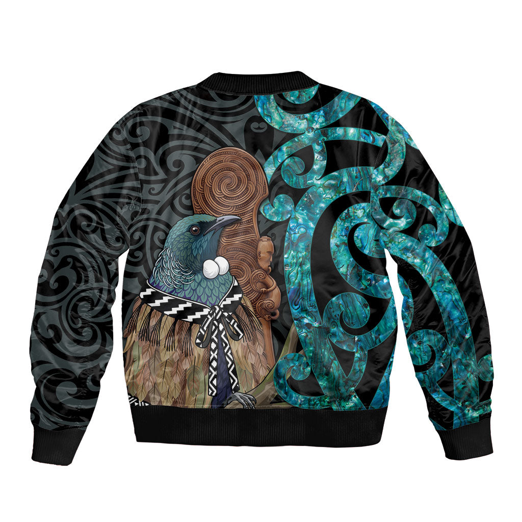 New Zealand Tui Bird Wahaika Bomber Jacket Maori Weapon Paua Shell Koru Pattern LT22 - Polynesian Pride