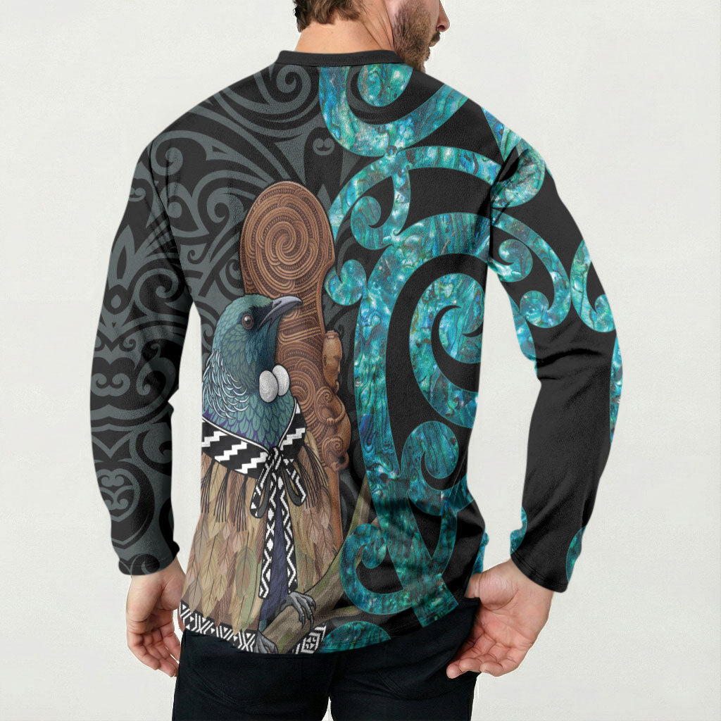 New Zealand Tui Bird Wahaika Button Sweatshirt Maori Weapon Paua Shell Koru Pattern LT22 - Polynesian Pride
