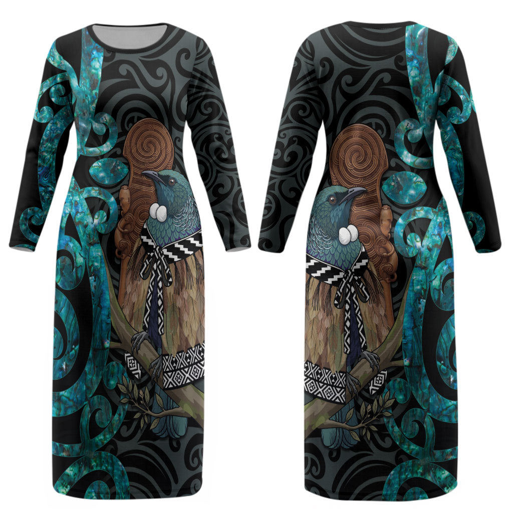 New Zealand Tui Bird Wahaika Couples Matching Long Sleeve Bodycon Dress and Long Sleeve Button Shirt Maori Weapon Paua Shell Koru Pattern LT22 - Polynesian Pride