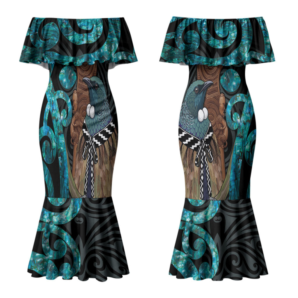 New Zealand Tui Bird Wahaika Couples Matching Mermaid Dress and Long Sleeve Button Shirt Maori Weapon Paua Shell Koru Pattern LT22 - Polynesian Pride