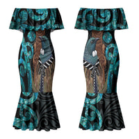 New Zealand Tui Bird Wahaika Couples Matching Mermaid Dress and Long Sleeve Button Shirt Maori Weapon Paua Shell Koru Pattern LT22 - Polynesian Pride