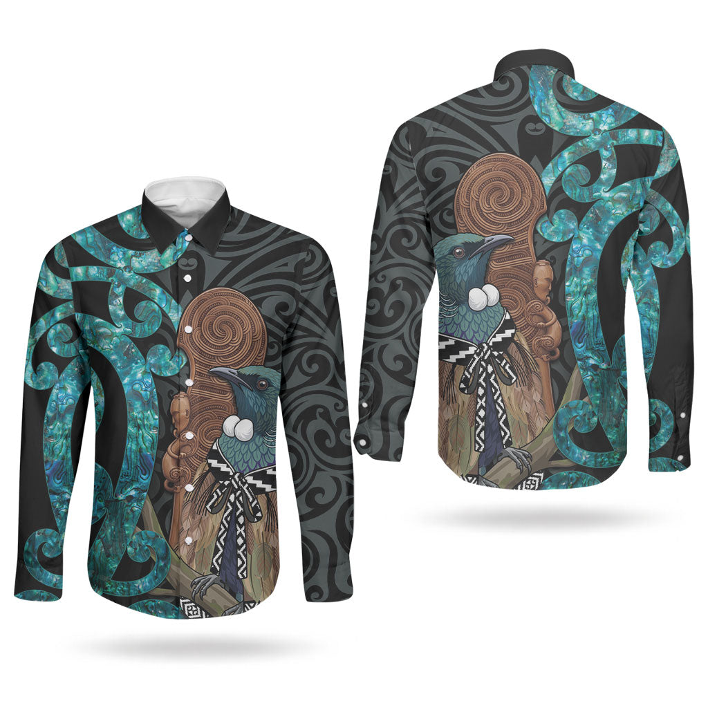 New Zealand Tui Bird Wahaika Couples Matching Off Shoulder Maxi Dress and Long Sleeve Button Shirt Maori Weapon Paua Shell Koru Pattern LT22 - Polynesian Pride