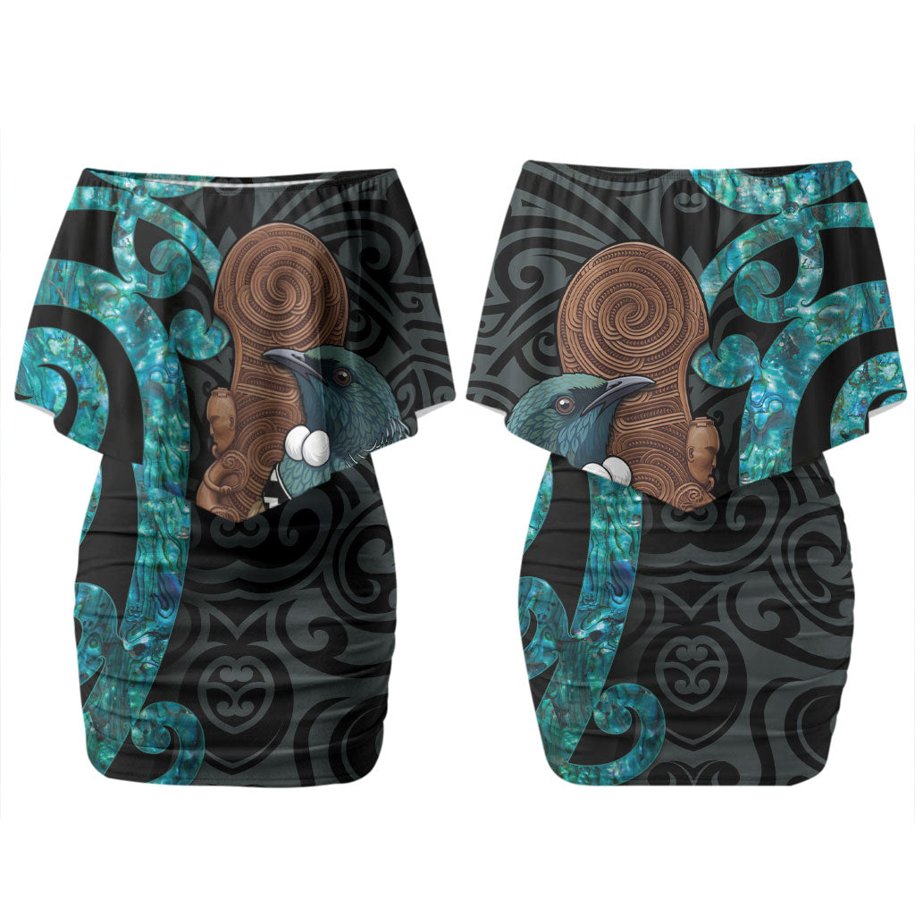 New Zealand Tui Bird Wahaika Couples Matching Off Shoulder Short Dress and Hawaiian Shirt Maori Weapon Paua Shell Koru Pattern LT22 - Polynesian Pride