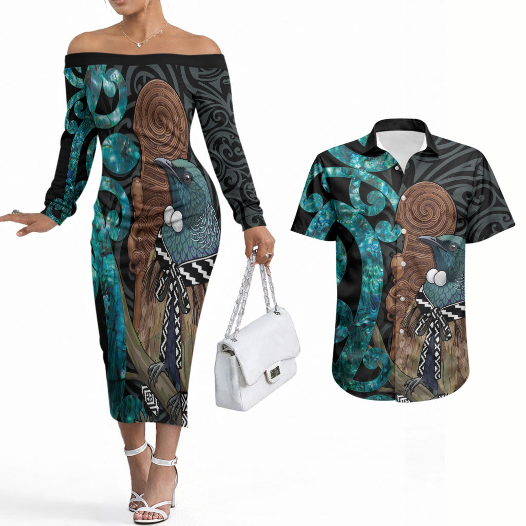 New Zealand Tui Bird Wahaika Couples Matching Off The Shoulder Long Sleeve Dress and Hawaiian Shirt Maori Weapon Paua Shell Koru Pattern LT22 Black - Polynesian Pride