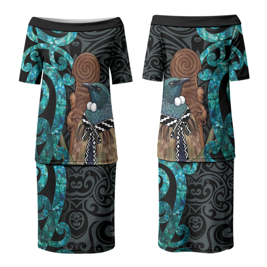 New Zealand Tui Bird Wahaika Couples Matching Puletasi and Long Sleeve Button Shirt Maori Weapon Paua Shell Koru Pattern LT22 - Polynesian Pride