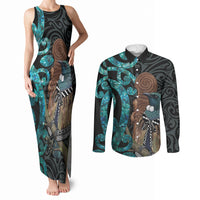New Zealand Tui Bird Wahaika Couples Matching Tank Maxi Dress and Long Sleeve Button Shirt Maori Weapon Paua Shell Koru Pattern LT22 Black - Polynesian Pride