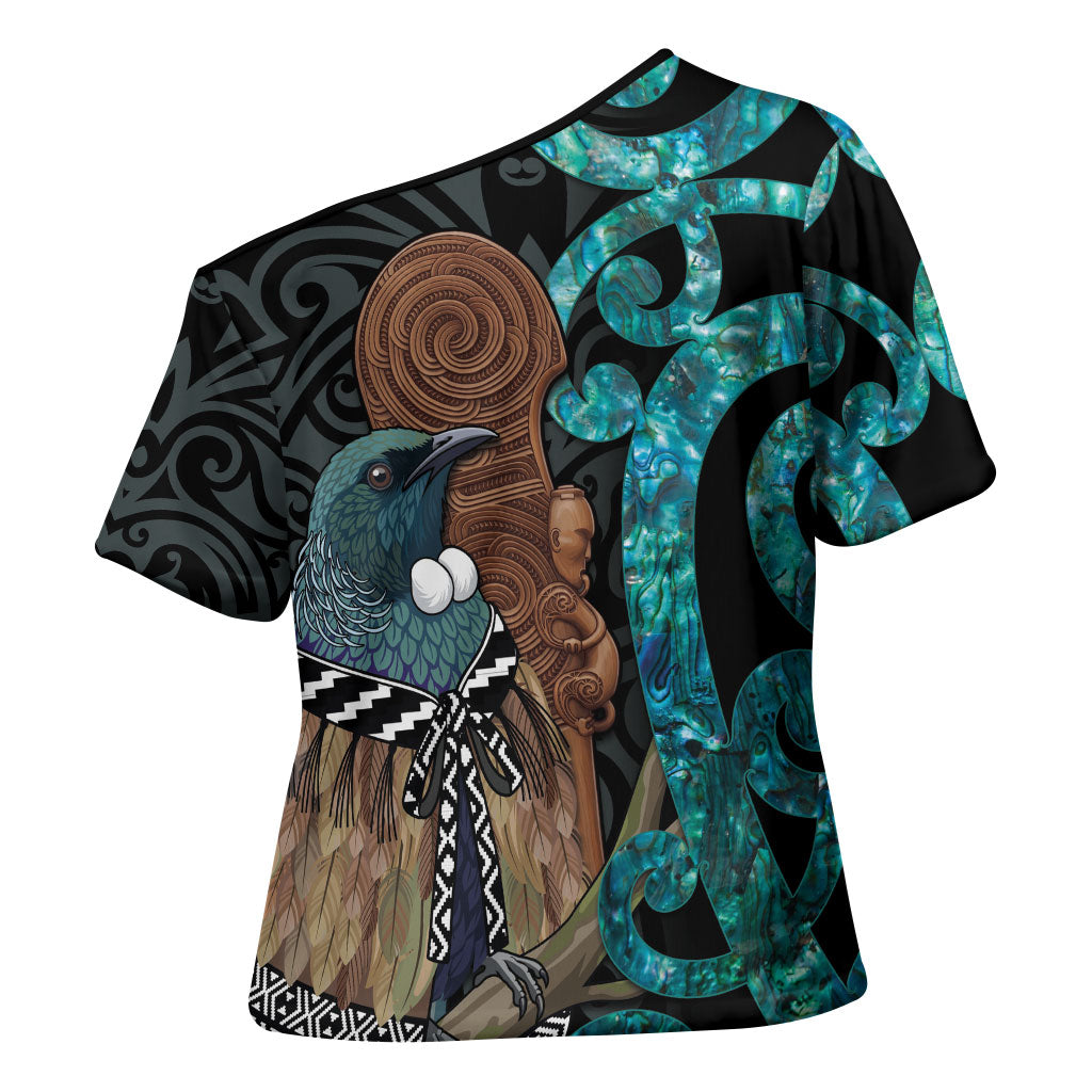 New Zealand Tui Bird Wahaika Cross Shoulder Shirt Maori Weapon Paua Shell Koru Pattern LT22 - Polynesian Pride
