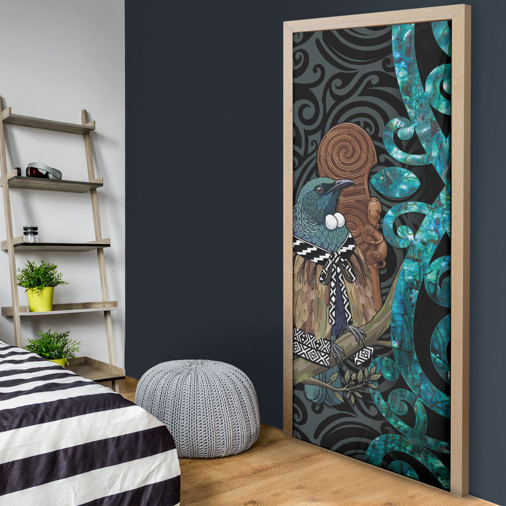 New Zealand Tui Bird Wahaika Door Cover Maori Weapon Paua Shell Koru Pattern LT22 - Polynesian Pride