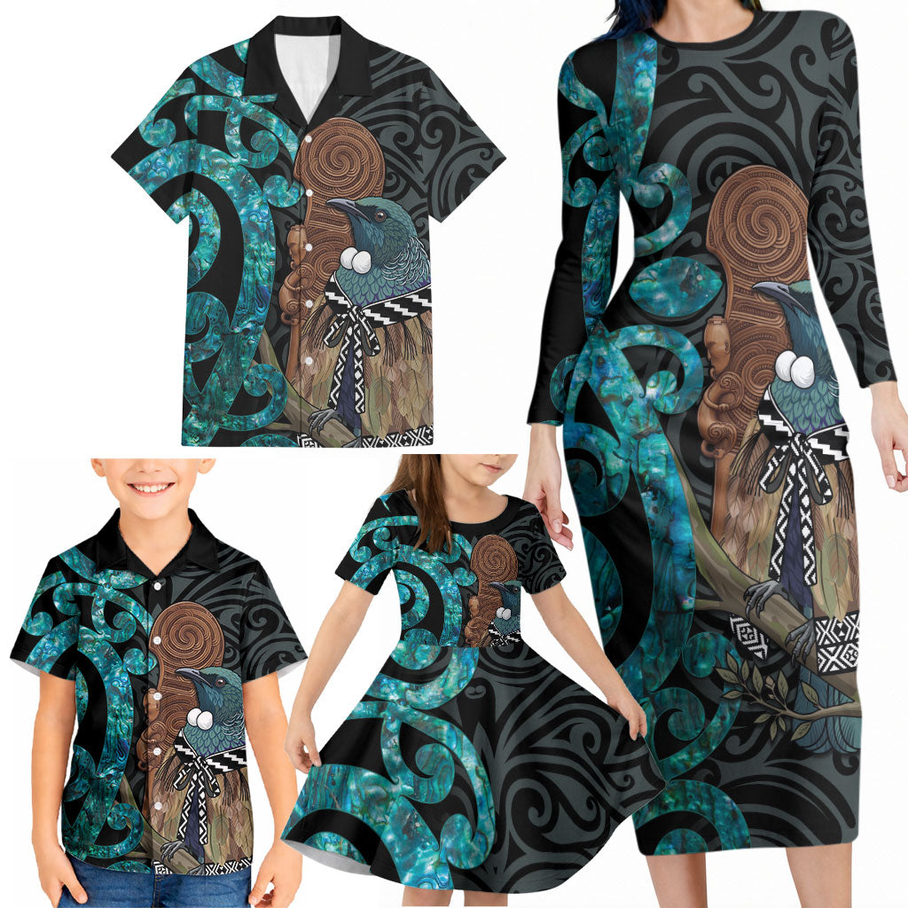 New Zealand Tui Bird Wahaika Family Matching Long Sleeve Bodycon Dress and Hawaiian Shirt Maori Weapon Paua Shell Koru Pattern LT22 - Polynesian Pride