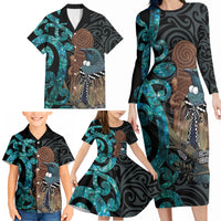 New Zealand Tui Bird Wahaika Family Matching Long Sleeve Bodycon Dress and Hawaiian Shirt Maori Weapon Paua Shell Koru Pattern LT22 - Polynesian Pride