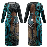 New Zealand Tui Bird Wahaika Family Matching Long Sleeve Bodycon Dress and Hawaiian Shirt Maori Weapon Paua Shell Koru Pattern LT22 Mom's Dress Black - Polynesian Pride