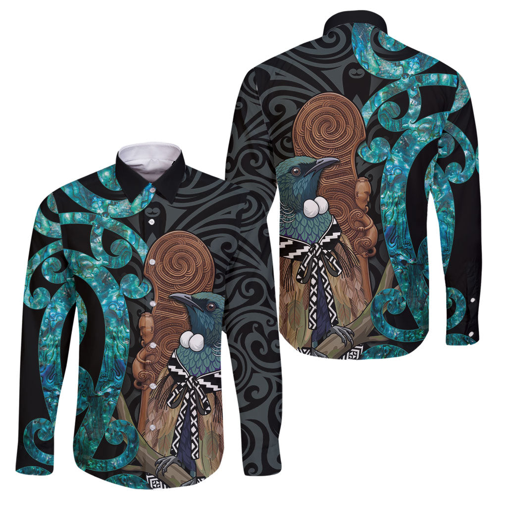 New Zealand Tui Bird Wahaika Family Matching Long Sleeve Bodycon Dress and Hawaiian Shirt Maori Weapon Paua Shell Koru Pattern LT22 Dad's Shirt - Long Sleeve Black - Polynesian Pride