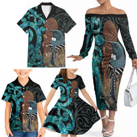 New Zealand Tui Bird Wahaika Family Matching Off The Shoulder Long Sleeve Dress and Hawaiian Shirt Maori Weapon Paua Shell Koru Pattern LT22 - Polynesian Pride