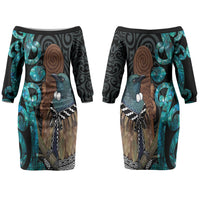 New Zealand Tui Bird Wahaika Family Matching Off The Shoulder Long Sleeve Dress and Hawaiian Shirt Maori Weapon Paua Shell Koru Pattern LT22 Mom's Dress Black - Polynesian Pride