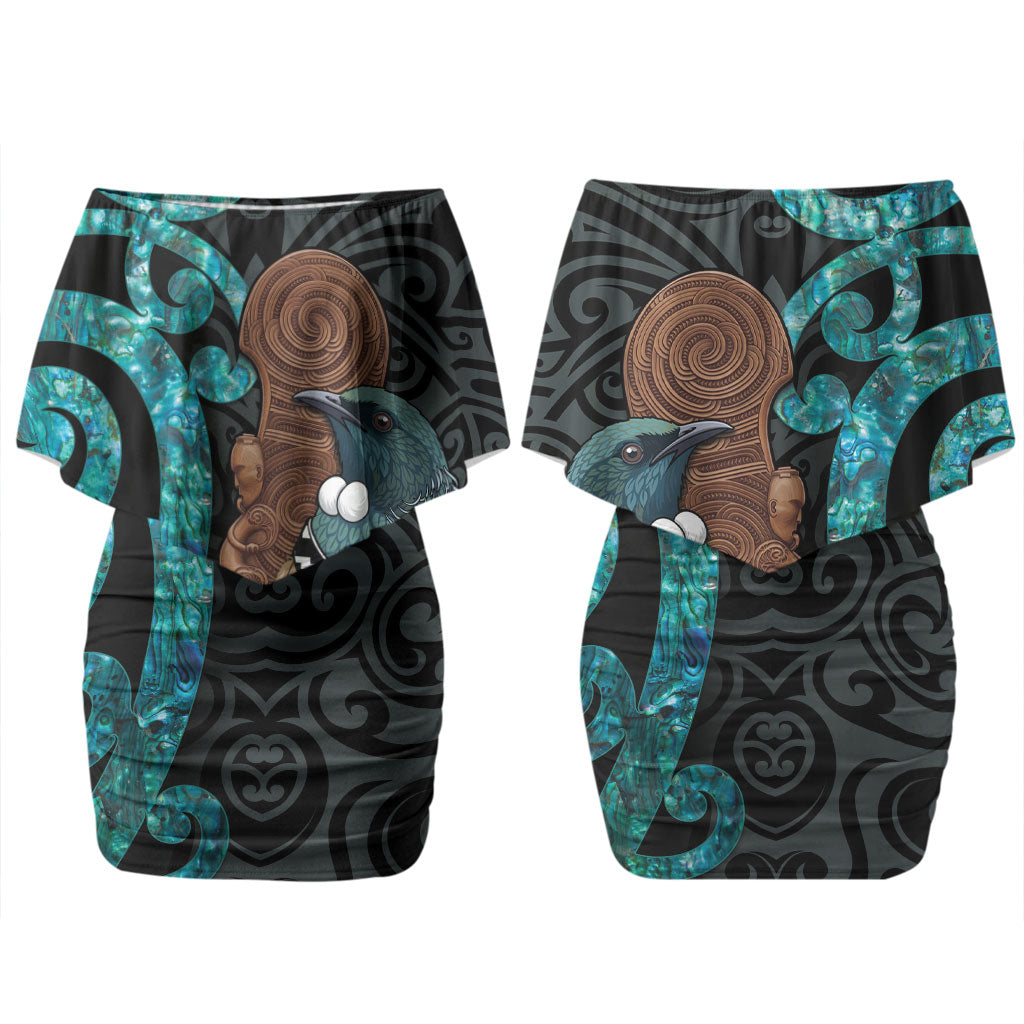 New Zealand Tui Bird Wahaika Family Matching Off Shoulder Short Dress and Hawaiian Shirt Maori Weapon Paua Shell Koru Pattern LT22 Mom's Dress Black - Polynesian Pride