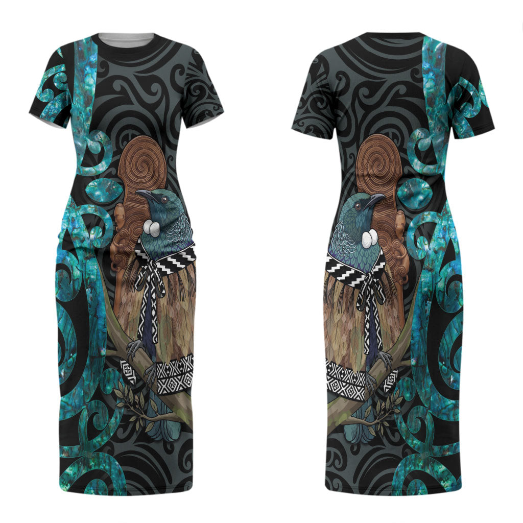 New Zealand Tui Bird Wahaika Family Matching Short Sleeve Bodycon Dress and Hawaiian Shirt Maori Weapon Paua Shell Koru Pattern LT22 Mom's Dress Black - Polynesian Pride