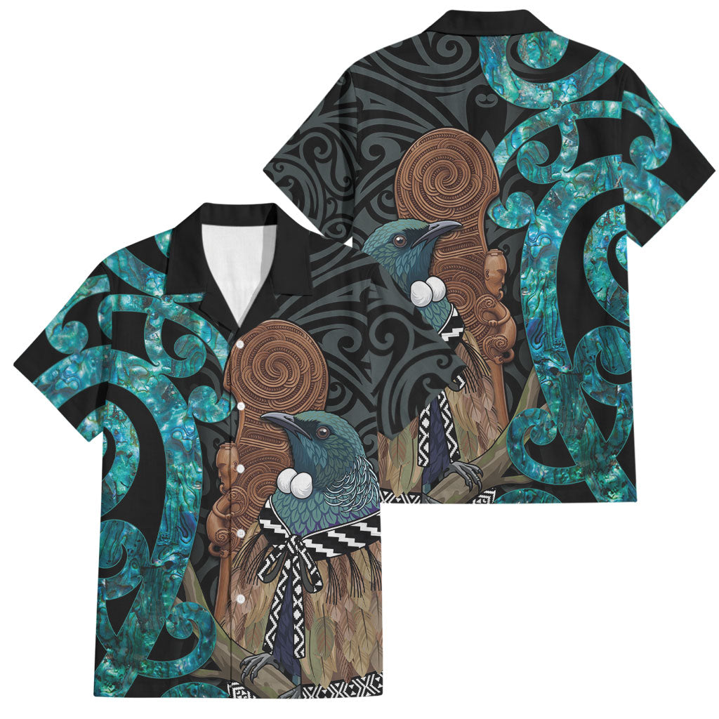 New Zealand Tui Bird Wahaika Family Matching Short Sleeve Bodycon Dress and Hawaiian Shirt Maori Weapon Paua Shell Koru Pattern LT22 Dad's Shirt - Short Sleeve Black - Polynesian Pride
