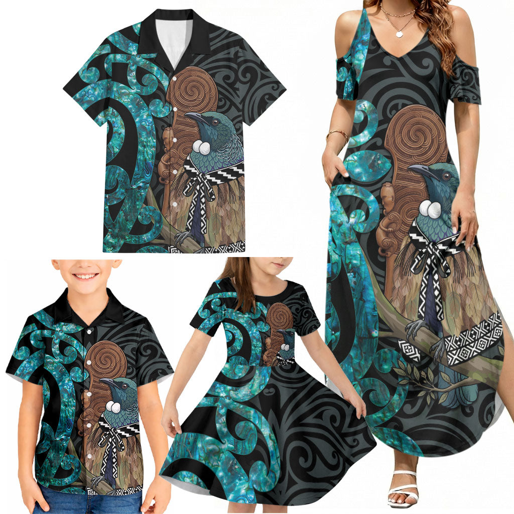 New Zealand Tui Bird Wahaika Family Matching Summer Maxi Dress and Hawaiian Shirt Maori Weapon Paua Shell Koru Pattern LT22 - Polynesian Pride