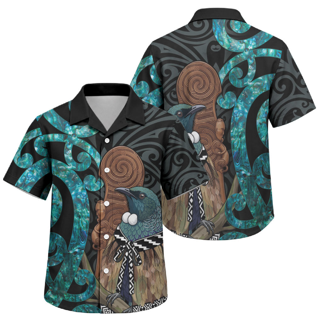 New Zealand Tui Bird Wahaika Family Matching Summer Maxi Dress and Hawaiian Shirt Maori Weapon Paua Shell Koru Pattern LT22 Son's Shirt Black - Polynesian Pride
