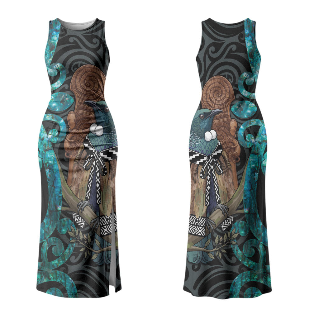 New Zealand Tui Bird Wahaika Family Matching Tank Maxi Dress and Hawaiian Shirt Maori Weapon Paua Shell Koru Pattern LT22 Mom's Dress Black - Polynesian Pride