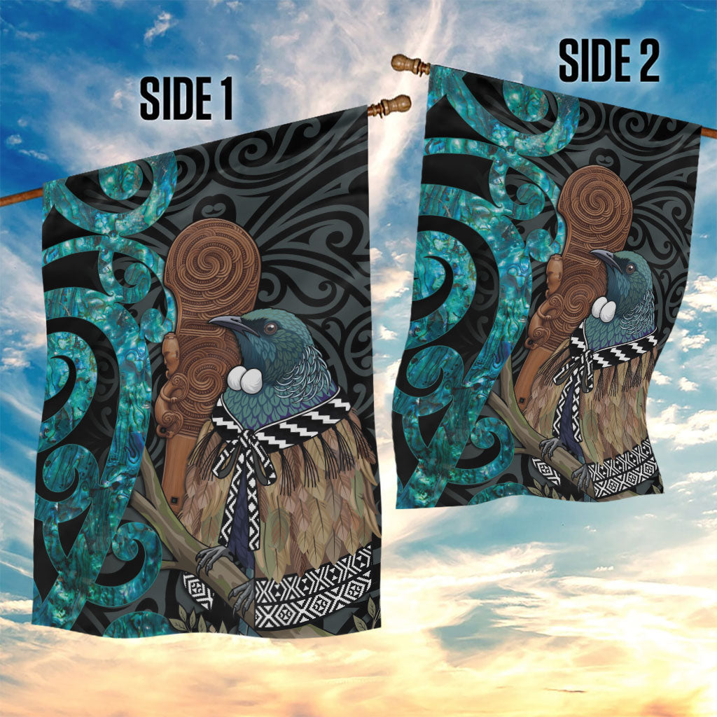 New Zealand Tui Bird Wahaika Garden Flag Maori Weapon Paua Shell Koru Pattern LT22 - Polynesian Pride