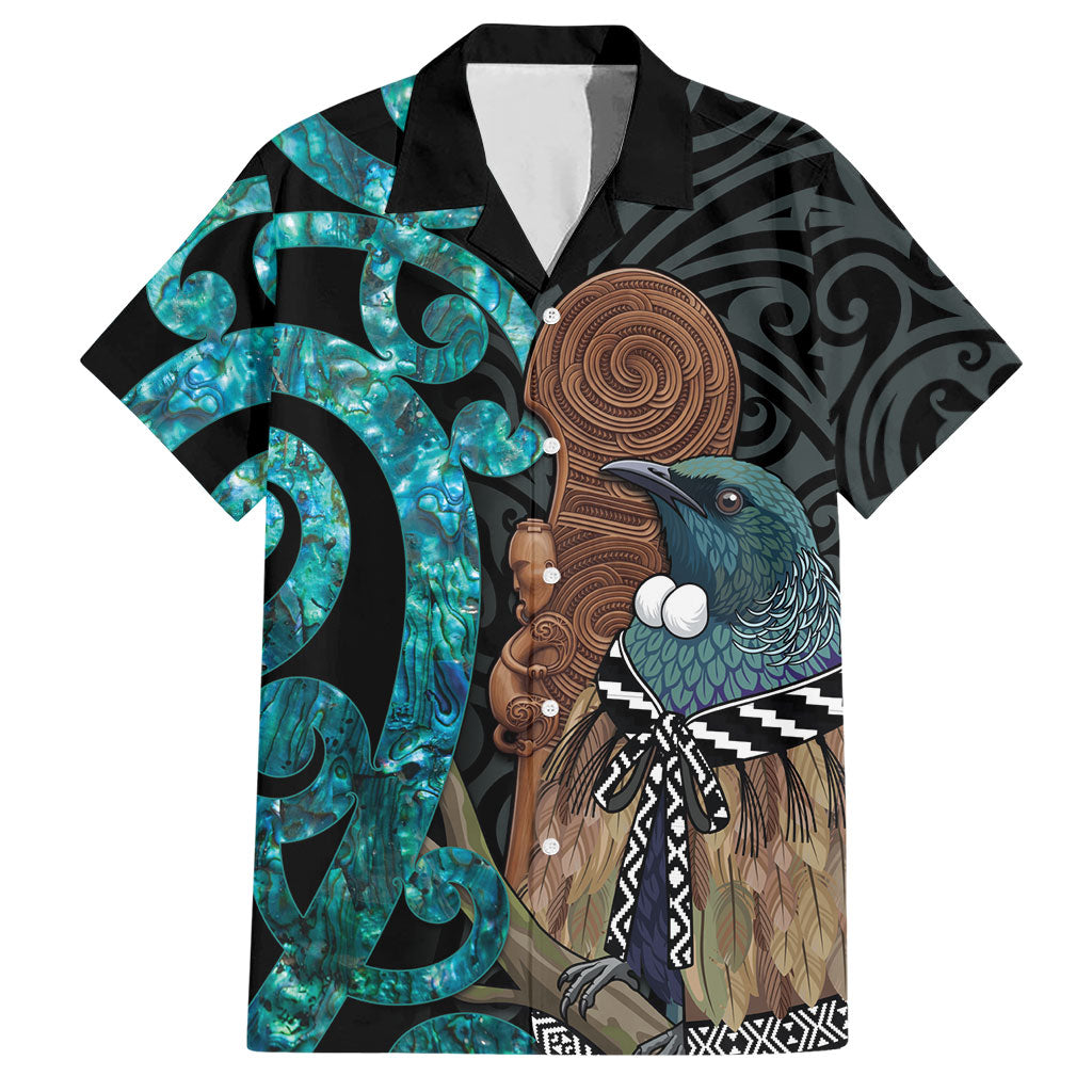 New Zealand Tui Bird Wahaika Hawaiian Shirt Maori Weapon Paua Shell Koru Pattern LT22 Black - Polynesian Pride