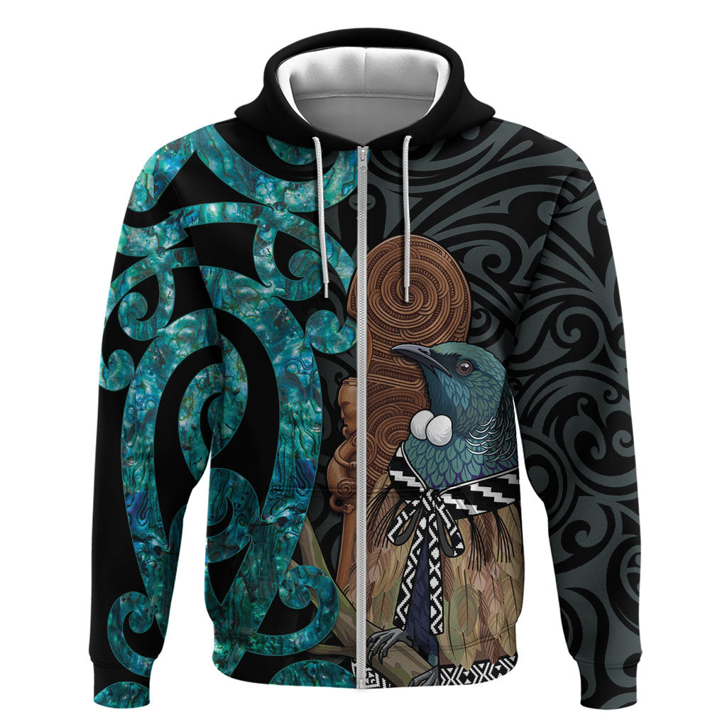 New Zealand Tui Bird Wahaika Hoodie Maori Weapon Paua Shell Koru Pattern LT22 Zip Hoodie Black - Polynesian Pride
