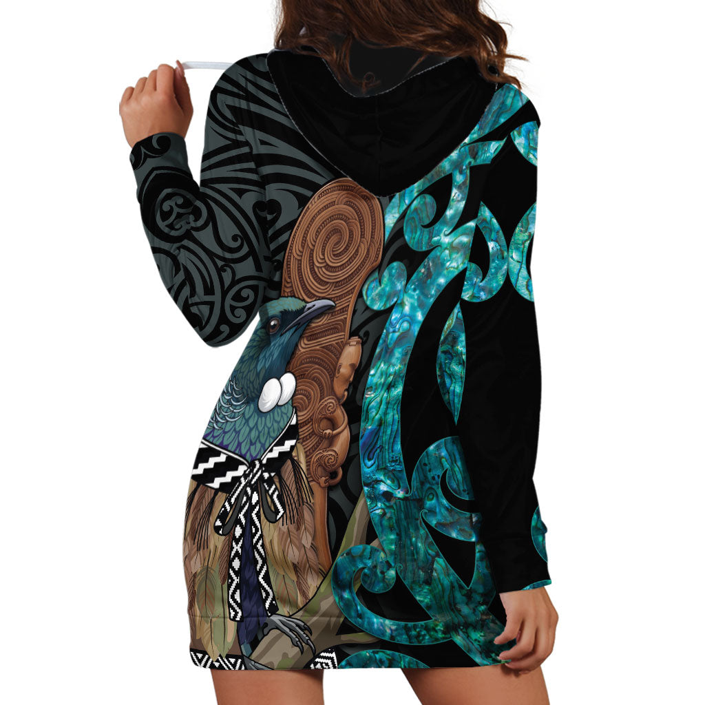 New Zealand Tui Bird Wahaika Hoodie Dress Maori Weapon Paua Shell Koru Pattern LT22 - Polynesian Pride