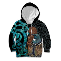 New Zealand Tui Bird Wahaika Kid Hoodie Maori Weapon Paua Shell Koru Pattern LT22 Hoodie Black - Polynesian Pride