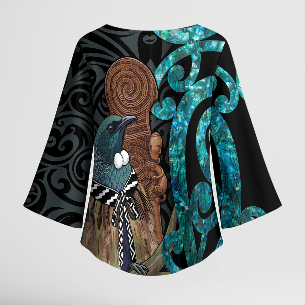 New Zealand Tui Bird Wahaika Kimono Sleeve Blouse Maori Weapon Paua Shell Koru Pattern LT22 - Polynesian Pride