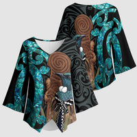 New Zealand Tui Bird Wahaika Kimono Sleeve Blouse Maori Weapon Paua Shell Koru Pattern LT22 - Polynesian Pride