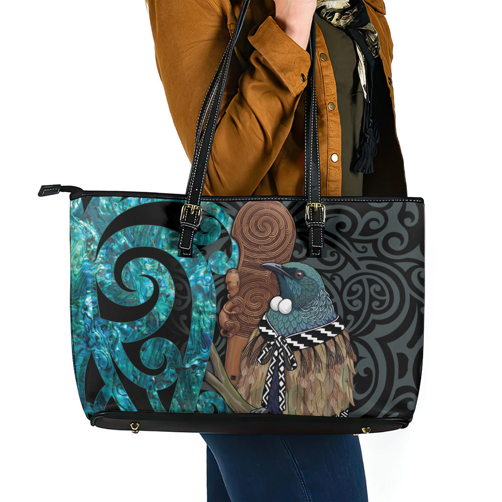New Zealand Tui Bird Wahaika Leather Tote Bag Maori Weapon Paua Shell Koru Pattern LT22 - Polynesian Pride