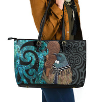 New Zealand Tui Bird Wahaika Leather Tote Bag Maori Weapon Paua Shell Koru Pattern LT22 - Polynesian Pride