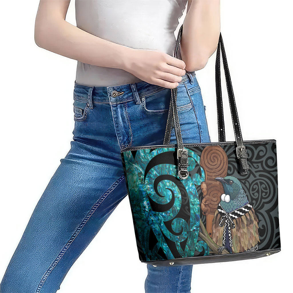 New Zealand Tui Bird Wahaika Leather Tote Bag Maori Weapon Paua Shell Koru Pattern LT22 - Polynesian Pride