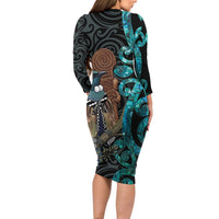 New Zealand Tui Bird Wahaika Long Sleeve Bodycon Dress Maori Weapon Paua Shell Koru Pattern LT22 - Polynesian Pride