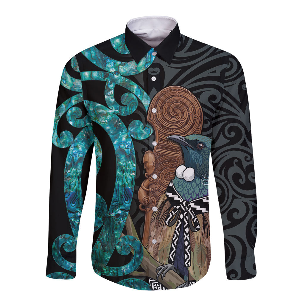 New Zealand Tui Bird Wahaika Long Sleeve Button Shirt Maori Weapon Paua Shell Koru Pattern LT22 Unisex Black - Polynesian Pride