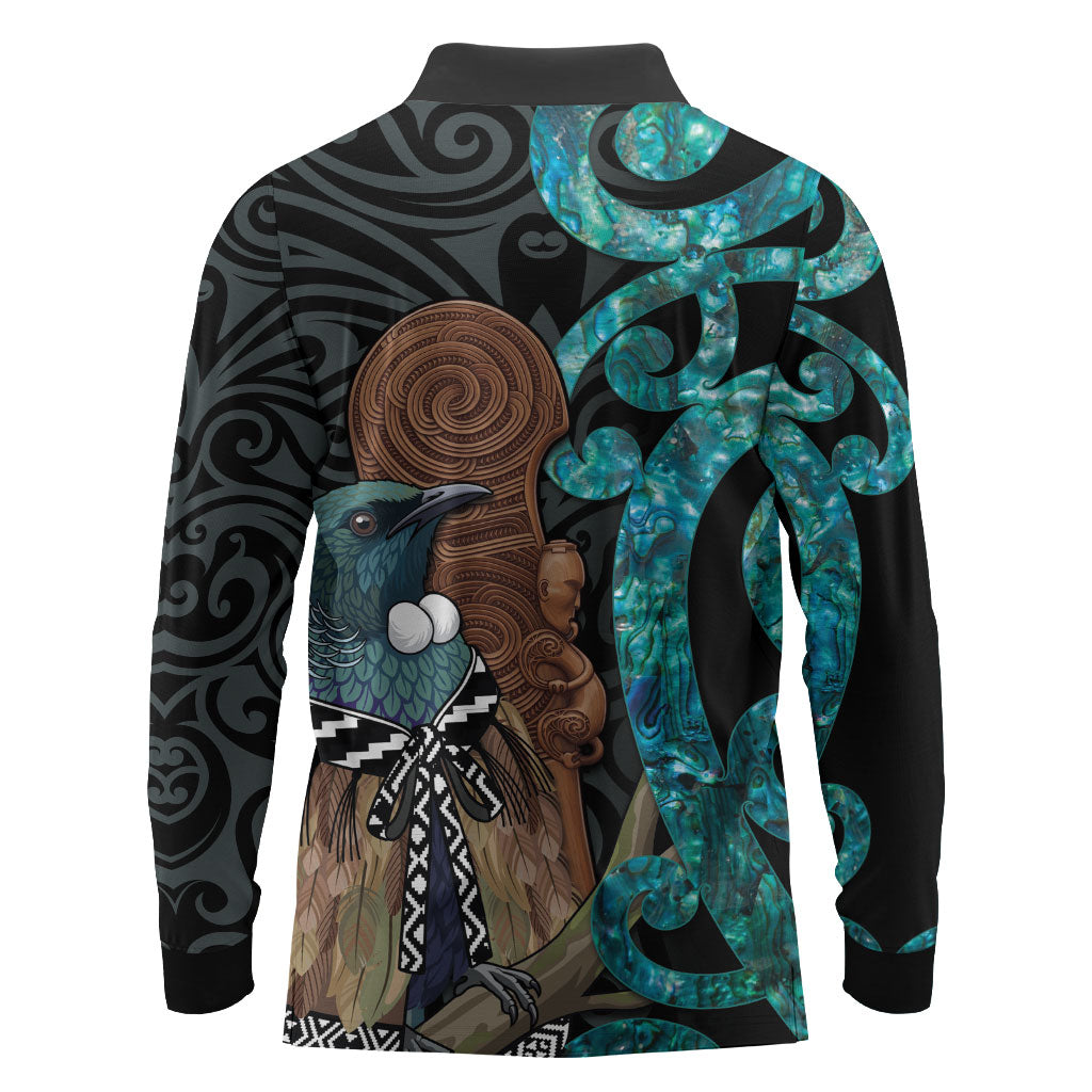 New Zealand Tui Bird Wahaika Long Sleeve Polo Shirt Maori Weapon Paua Shell Koru Pattern LT22 - Polynesian Pride