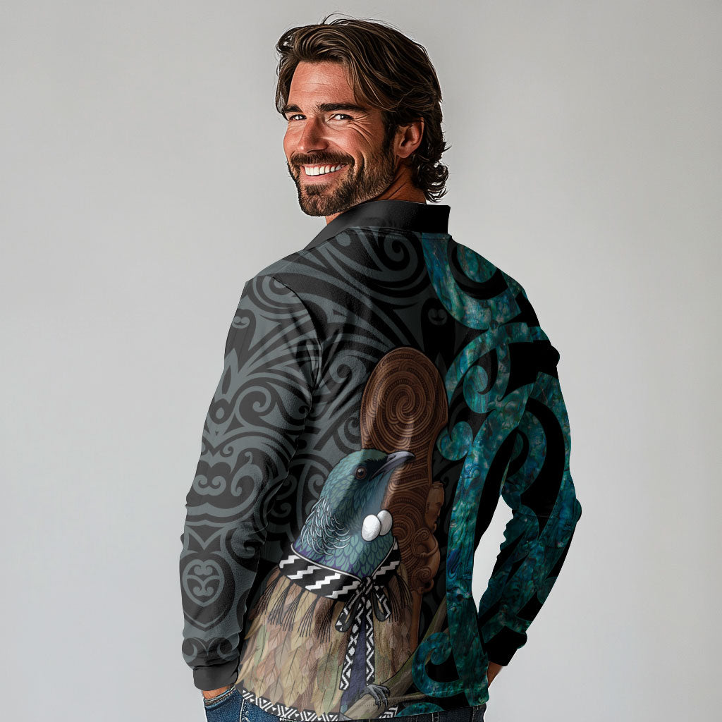 New Zealand Tui Bird Wahaika Long Sleeve Polo Shirt Maori Weapon Paua Shell Koru Pattern LT22 - Polynesian Pride