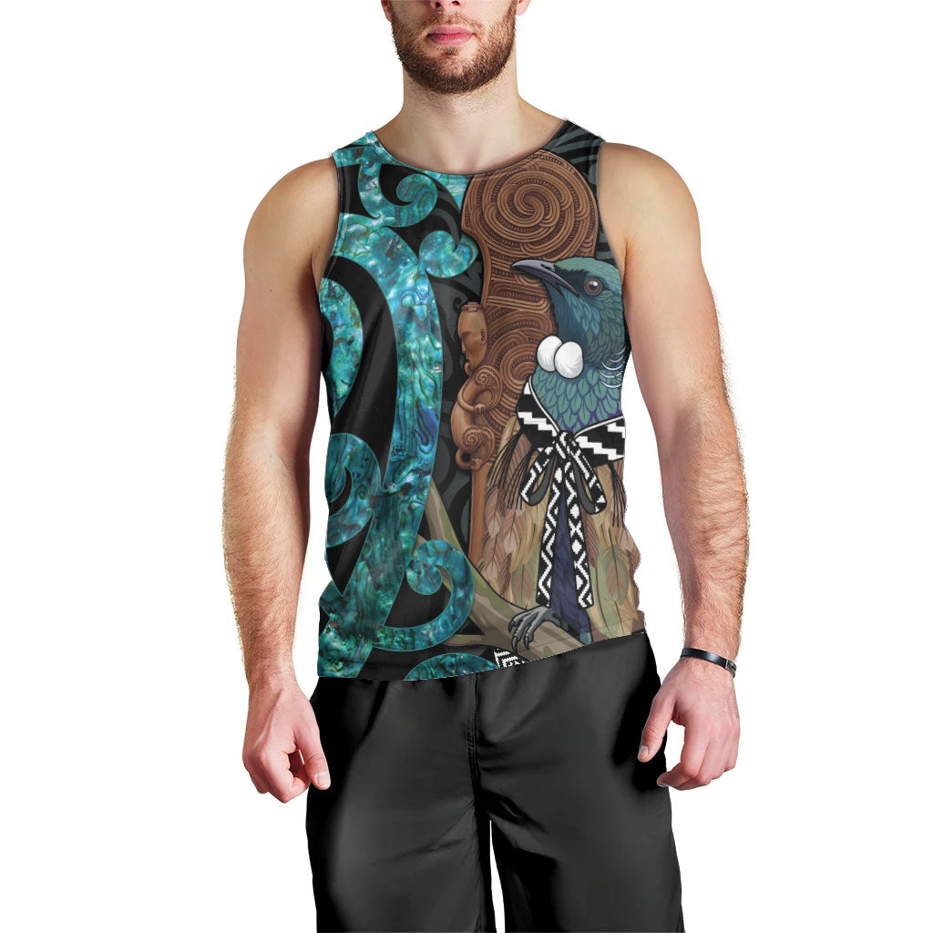 New Zealand Tui Bird Wahaika Men Tank Top Maori Weapon Paua Shell Koru Pattern LT22 - Polynesian Pride