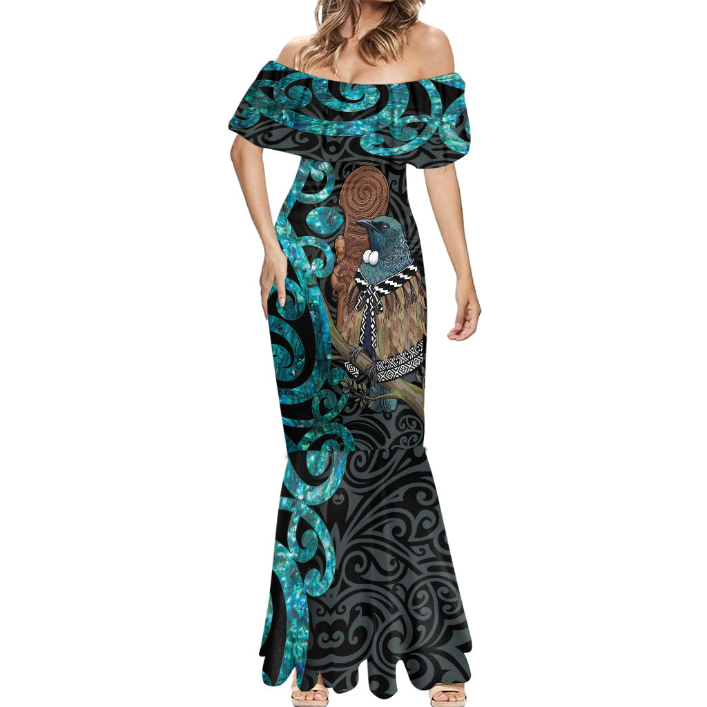 New Zealand Tui Bird Wahaika Mermaid Dress Maori Weapon Paua Shell Koru Pattern LT22 - Polynesian Pride