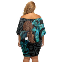 New Zealand Tui Bird Wahaika Off Shoulder Short Dress Maori Weapon Paua Shell Koru Pattern LT22 - Polynesian Pride