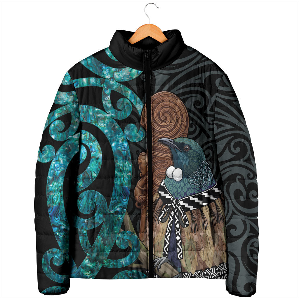 New Zealand Tui Bird Wahaika Padded Jacket Maori Weapon Paua Shell Koru Pattern LT22 - Polynesian Pride