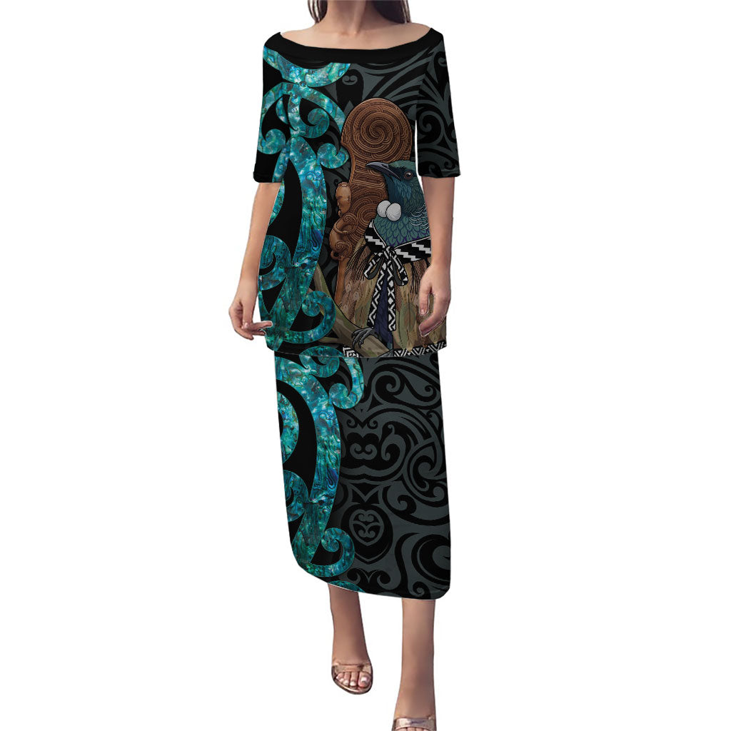 New Zealand Tui Bird Wahaika Puletasi Maori Weapon Paua Shell Koru Pattern LT22 Long Dress Black - Polynesian Pride