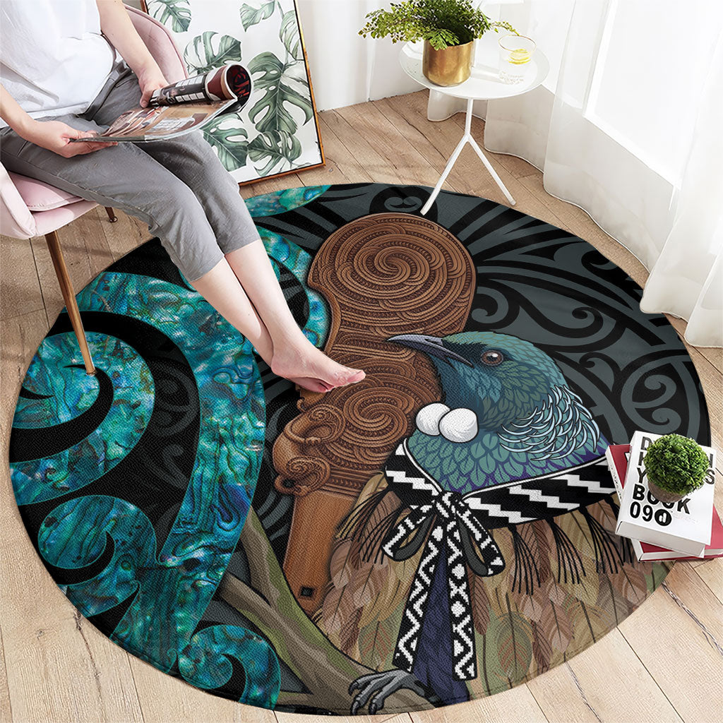 New Zealand Tui Bird Wahaika Round Carpet Maori Weapon Paua Shell Koru Pattern LT22 - Polynesian Pride
