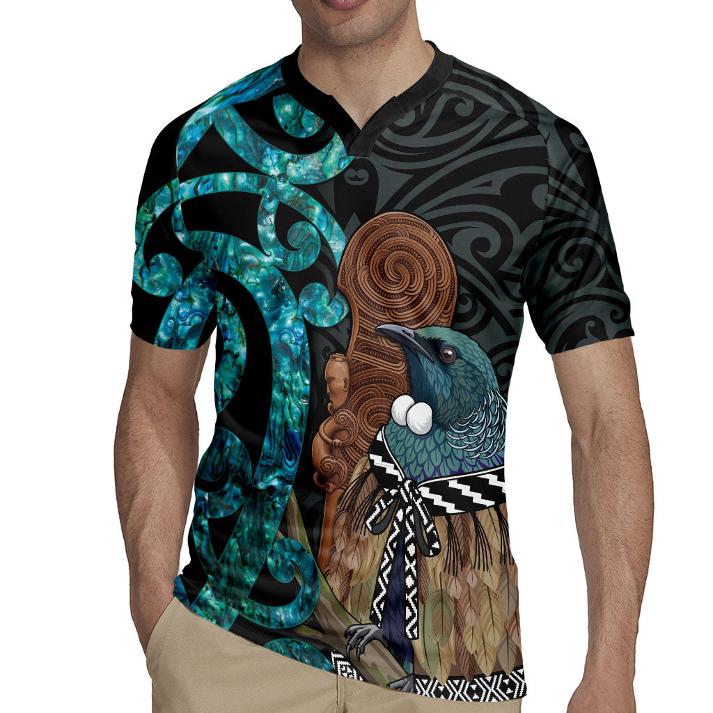 New Zealand Tui Bird Wahaika Rugby Jersey Maori Weapon Paua Shell Koru Pattern LT22 - Polynesian Pride