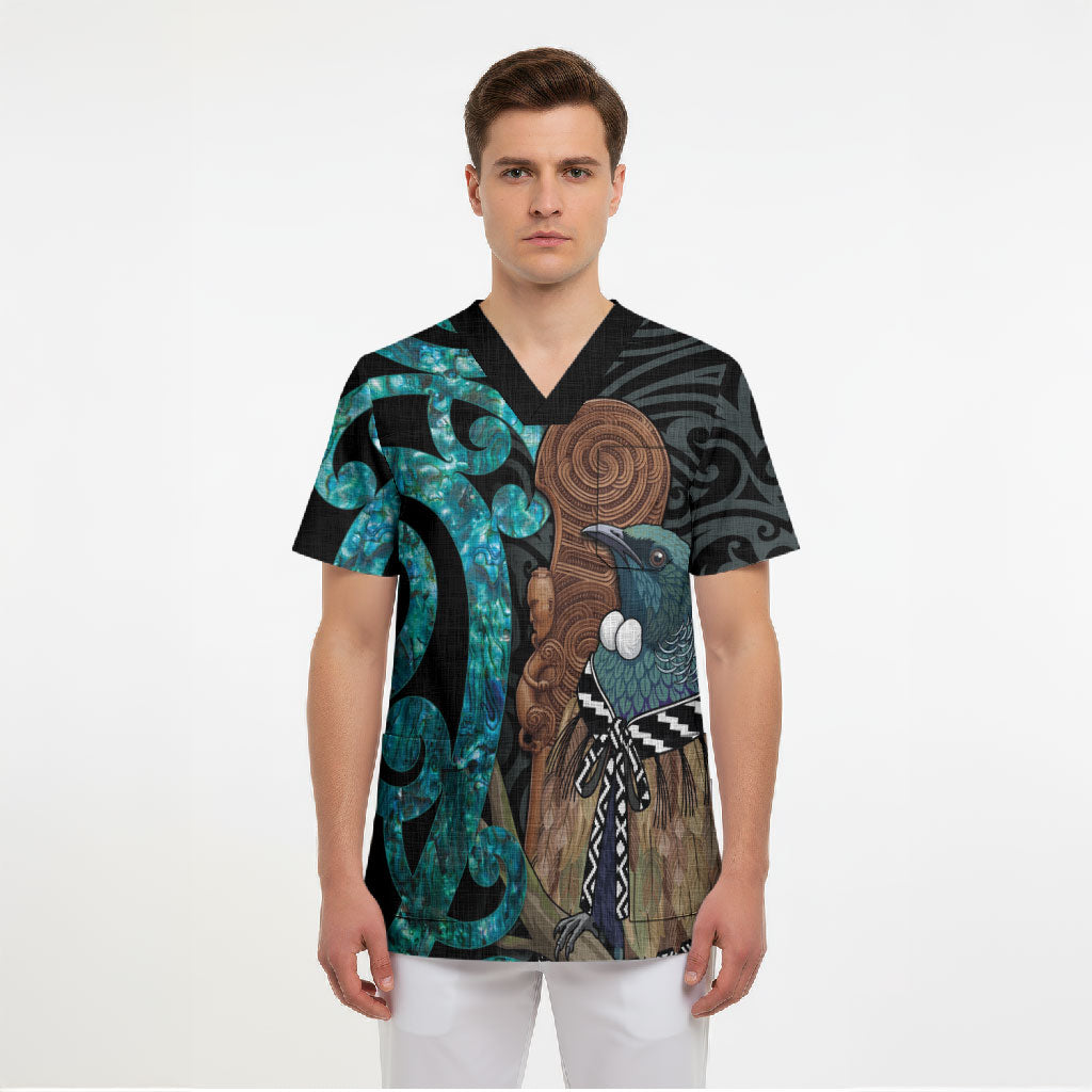 New Zealand Tui Bird Wahaika Scrub Top Maori Weapon Paua Shell Koru Pattern LT22 - Polynesian Pride