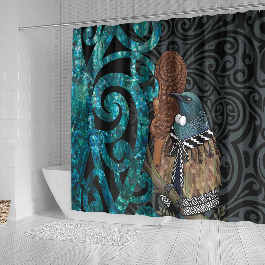 New Zealand Tui Bird Wahaika Shower Curtain Maori Weapon Paua Shell Koru Pattern LT22 - Polynesian Pride